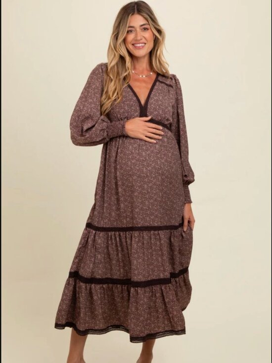 Pinkblush Dresses & Skirts - Brown Floral Lace Trim Bubble Sleeve Maternity Maxi Dress